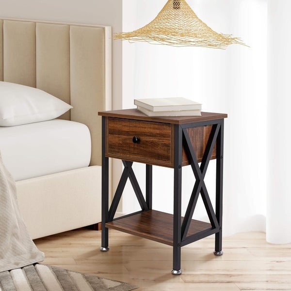 Nightstand with Drawer and Open Storage Shelves, Bedside End Table for Bedroom Living Room