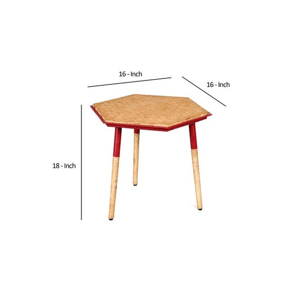 Paige 18 Inch Hexagon Illusion Wood Side Table, Brown, Red - 17.9