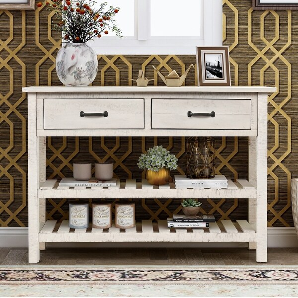 Retro Console Table Sideboard Cabinet for Entryway with 2 Drawers and 2 Slatted Bottom Shelves, Antique White