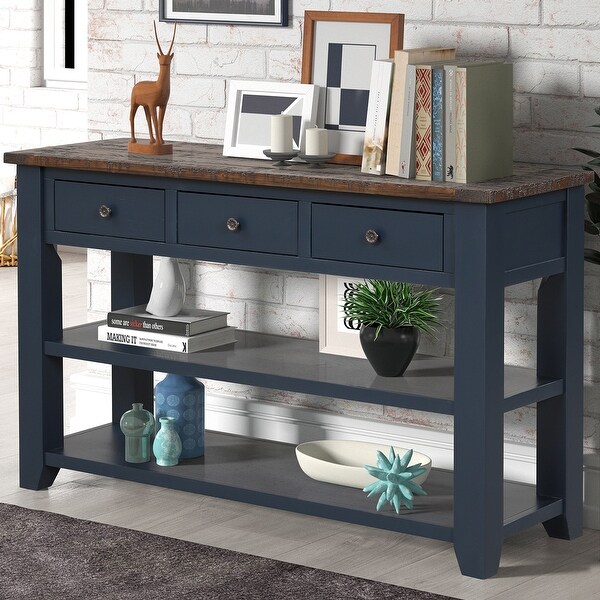 48'' Solid Pine Wood Top Console Table, Modern Entryway Sofa Side Table with 3 Storage Drawers and 2 Shelves