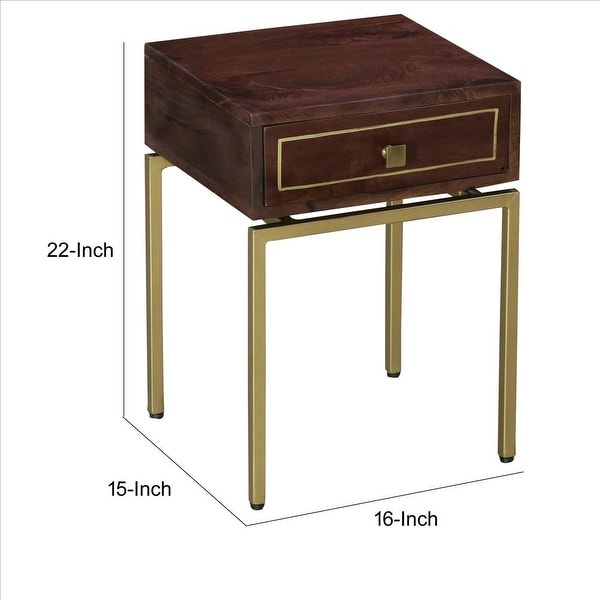 Bedside Table with 1 Drawer and Tubular Metal Legs, Brown and Brass - Brown and Brass - 22 H x 16 W x 15 L Inches