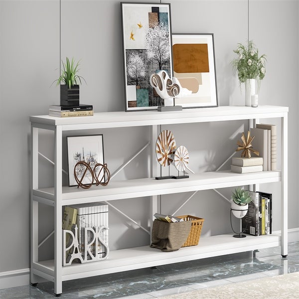 Brown Industrial Extra Long Console Sofa Table,White/ Gold 3 Tiers TV Stand