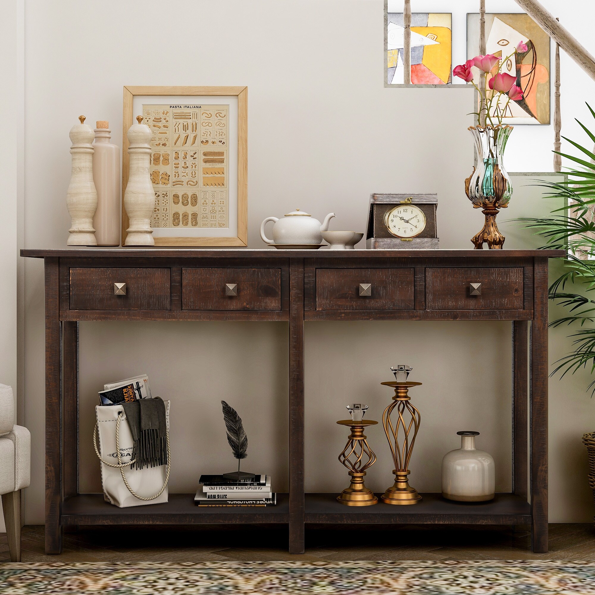 Rustic Brushed Texture Console Table with 4 Drawers and a Open Bottom Shelf, Classic Wood Entryway Table for Living Room, Entryway