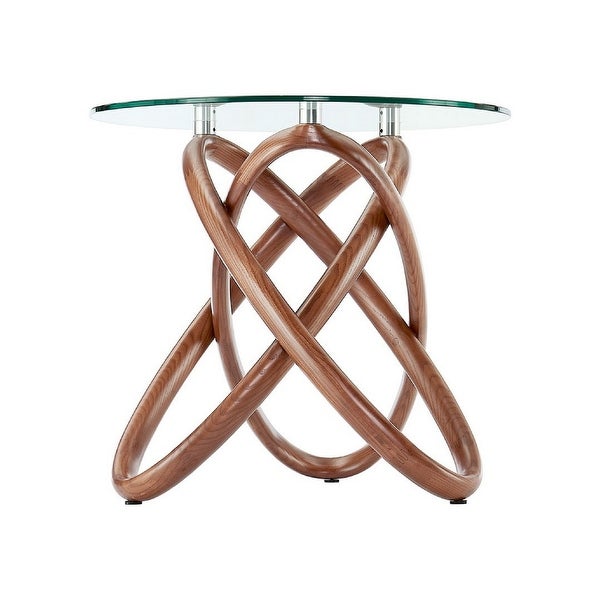 Cid 22 Inch Modern Side Table, Round Glass Top, Curved Wood Frame, Brown