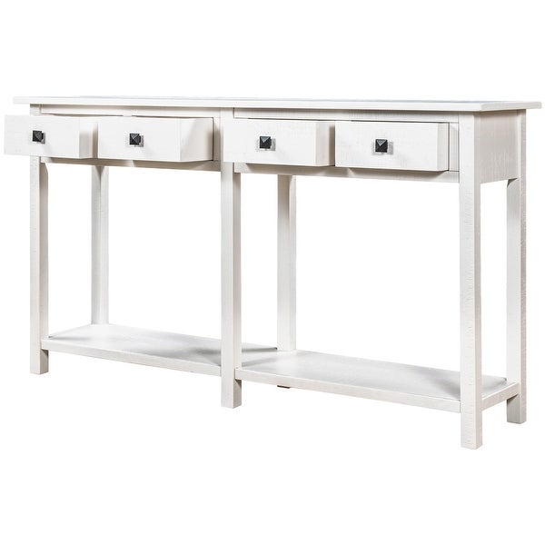 Rustic Brushed Texture Entryway Table Console Table with Drawer and Bottom Shelf for Living Room（Ivory White）