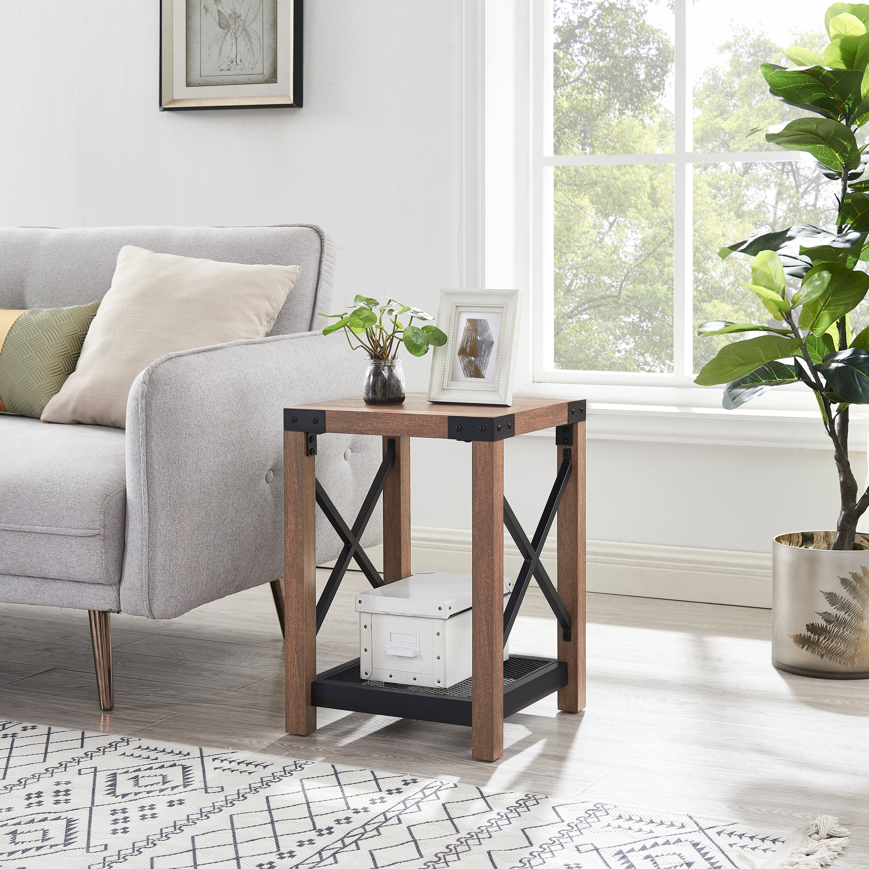 Farmhouse Wood Side Table, Nightstand with Mesh Shelf