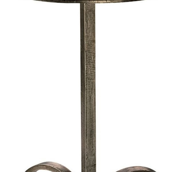 22 Inch Accent Side Table, Round Marble Top, Curved Metal Tripod Base, Gray