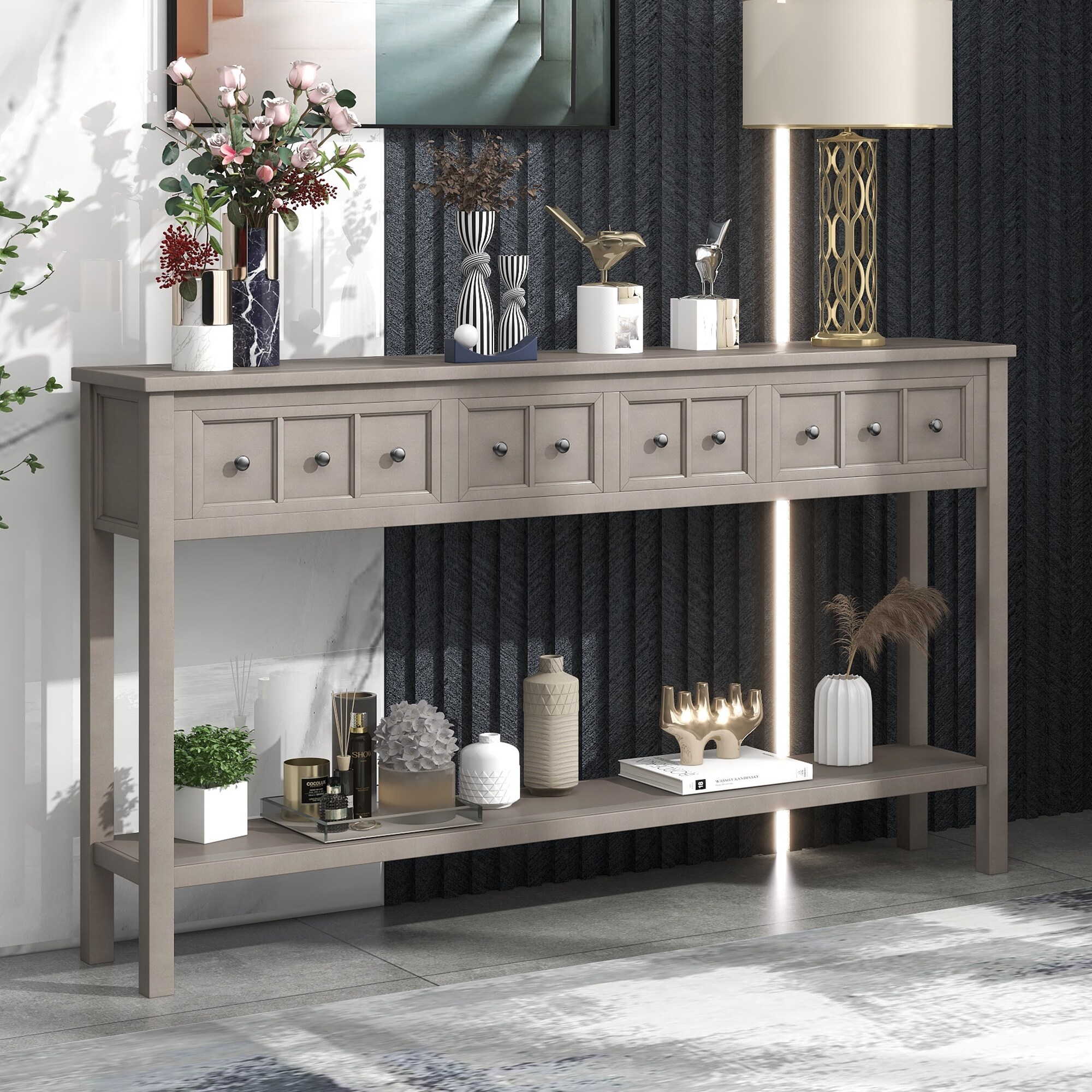 Rustic Elegant Console Table with 2 Different Size Drawers and Bottom Shelf for Storage, 60
