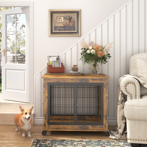Industrial Wooden Iron Dog Crate, Dog Kennels with 3 Doors and Wheels, Pet Crate Side End Table for Medium and Small Dog