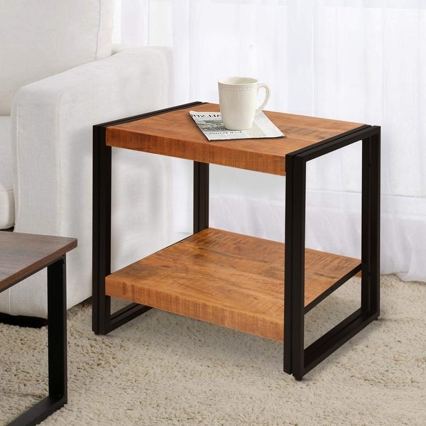 24 Inch Wooden Farmhouse Side Table with Open Compartment, Brown and Bronze - 16 L X 24 W X 24 H Inches