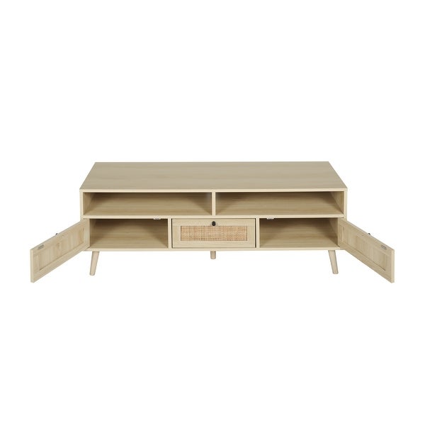 Rattan TV Stand with Solid Wood Feet, TV Console Table for Living Room, Natural