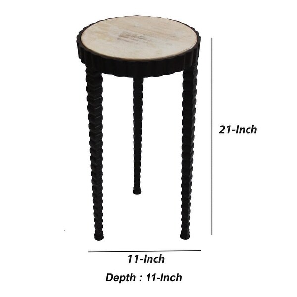 22 Inch Round Wooden Side Table with Tapered Tripod Base, Brown and Black - 21