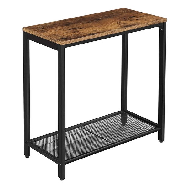 Industrial Wood and Metal Side Table with Open Mesh Shelf, Brown and Black - 23.6 H x 23.6 W x 11.8 L Inches