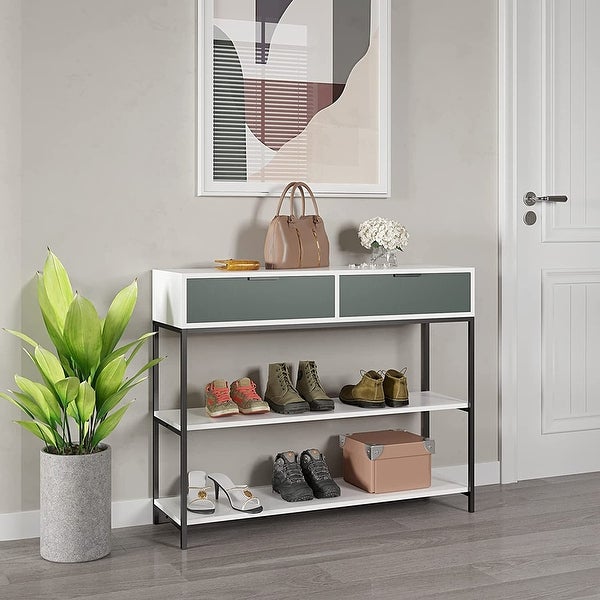 Narrow Console Table with 2 Storage Shelves , Stable Metal Support for Living Room, Hallway, Easy Assembly, 39in, Green