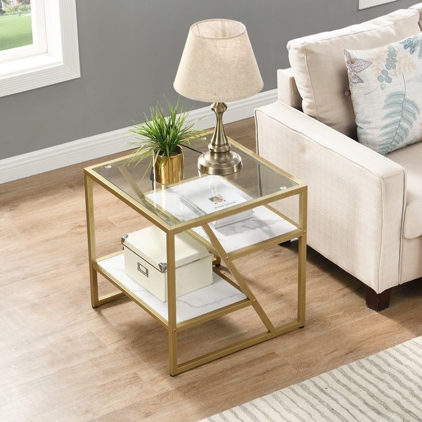 Side Table, End Table with Storage Shelf, Tempered Glass Coffee Table with Metal Frame