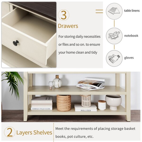 Retro Solid Wood Console Table,3 Top Drawers and 2 Open Shelves Table - 50“L x 16”W x 30”H