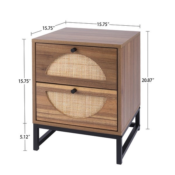 Rattan Nightstand Set of 2, Walnut End Table with 2 Natural Rattan Drawer and Metal Legs