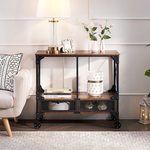 Industrial Console Table with Drawer and Storage Shelf, 4-Foot Wheels, Brown