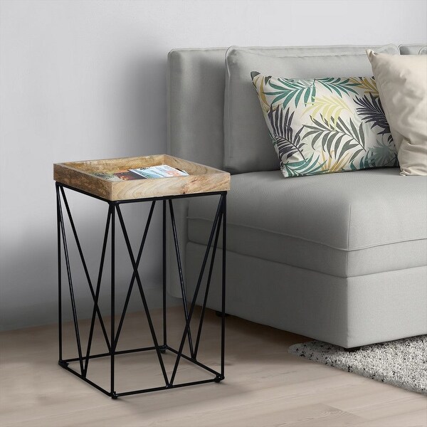 24 Inch Industrial End Side Table, Mango Wood Square Tray Top, V Shape Iron Accent, Brown, Black - 24