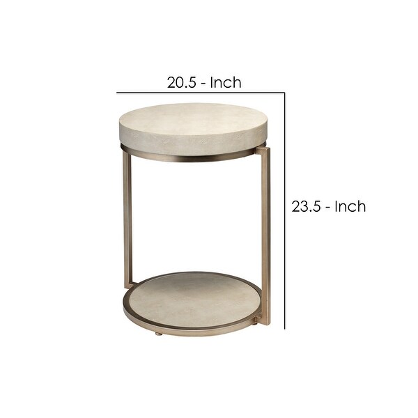 Metal Side Table with Round Top and Bottom, White and Gold