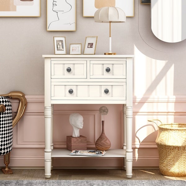 Narrow Console Table with 3 Storage Drawers and Black Round Deco Knobs, Slim Sofa Table with Bottom Shelf, Ivory