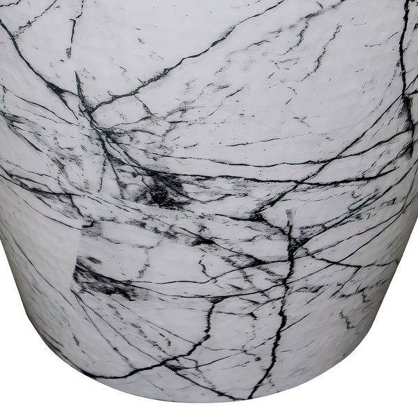16 Inch Round Accent Side Table, Aluminum Sheet, Faux Marble, Enamel Coating, White