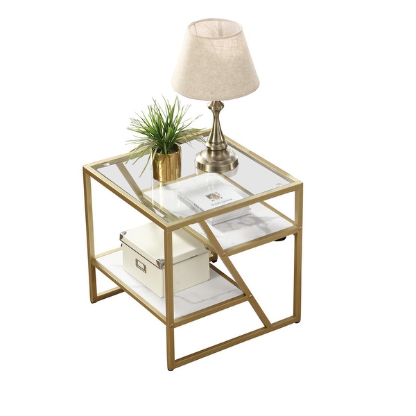 Side Table, End Table with Storage Shelf, Tempered Glass Coffee Table with Metal Frame