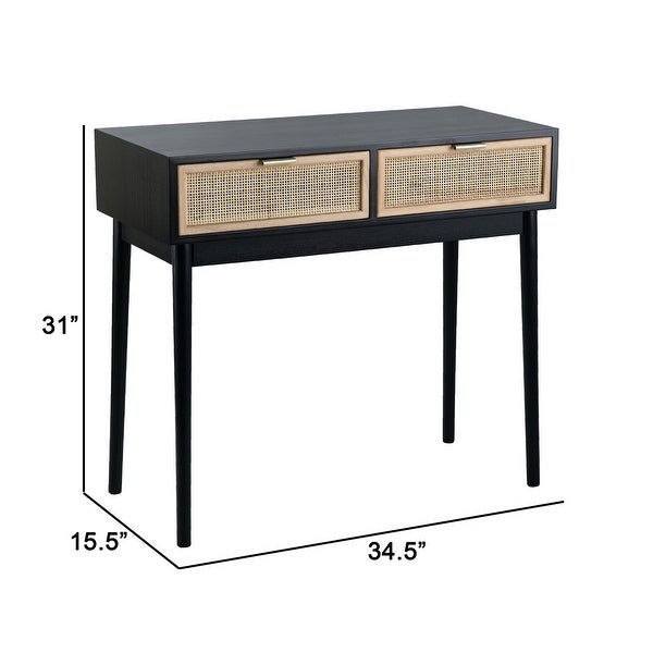 Ela 35 Inch 2 Drawer Wood Console Table, Woven Rattan Panels, Brown, Black