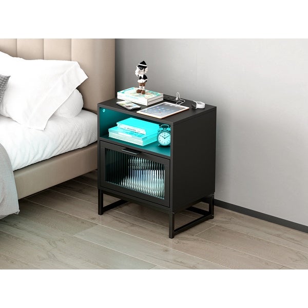 Nightstand with LED Lights Drawer, Black Bedside Table for Bedroom