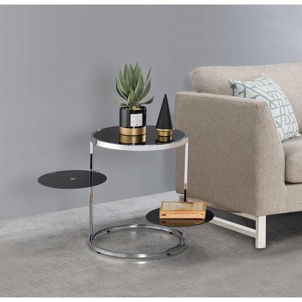 Round Side Table 2 Swiel Tier Shelf Open Frame Tempered Glass Side Table, Black and Chrome Finish