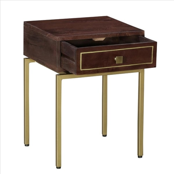 Bedside Table with 1 Drawer and Tubular Metal Legs, Brown and Brass - Brown and Brass - 22 H x 16 W x 15 L Inches