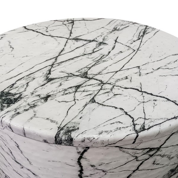 16 Inch Round Accent Side Table, Aluminum Sheet, Faux Marble, Enamel Coating, White - 16 H x 15 W x 15 L