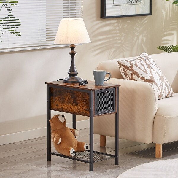 Set of 2 Flip Top Side Table with 1-Drawer and Steel Mesh Shelf ,Slim Sofa Table, Rustic Brown