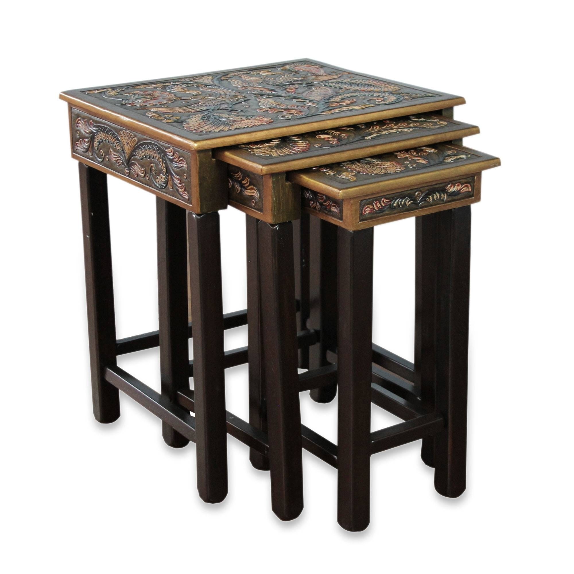 Handmade Tooled Leather Wood Side Tables, Set of 3 (Peru)