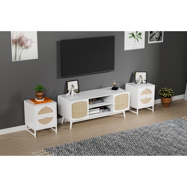 Allen 2 Drawer Nightstand Set of 2,White,Natural Rattan,Display Rack for Bedroom and Living Room