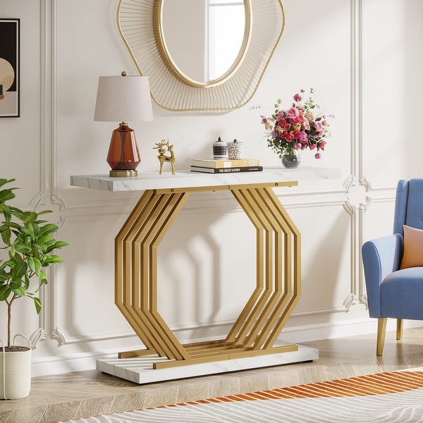 Gold Console Table, Faux Marble Entryway Table Narrow Sofa Table, 40 Inch Modern Accent Table Entrance Table for Living Room
