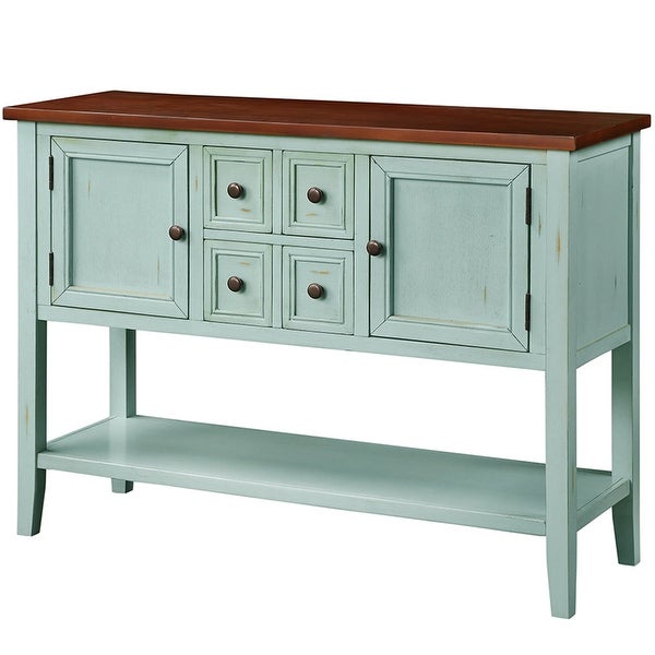 Wooden Console Table with 4 Storage Drawers and 2 Cabinets, Sofa Table with Bottom Shelf and Solid Wood Legs, Retro Blue