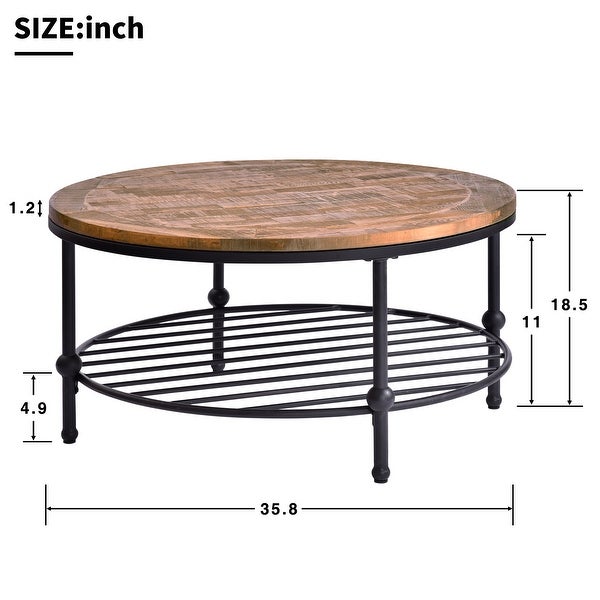 Round Console Table with a Storage Shelf and Solid Iron Support Base, Classic Rustic Coffee Table for Living Room, Easy Assembly