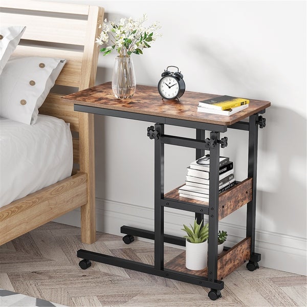 Height Adjustable C Table, Sofa Side Tables, Mobile End Table with Storage Shelves