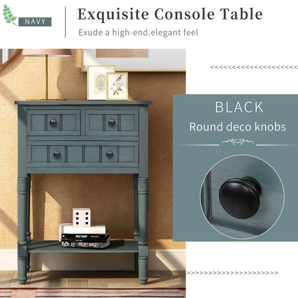 Narrow Console Table with 3 Storage Drawers and Black Round Deco Knobs, Slim Sofa Table with Bottom Shelf, Navy