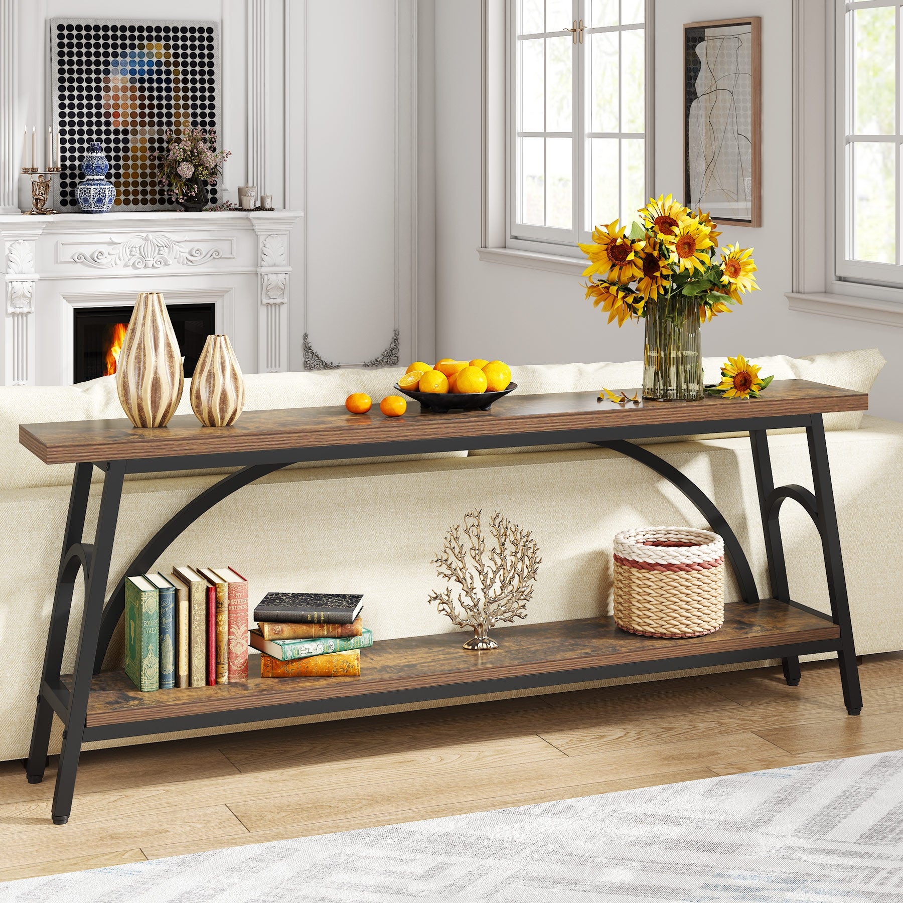 70.8” Extra Long Console Table, Narrow Sofa Tables Entryway Table for with 2 Tier Storage Shelves