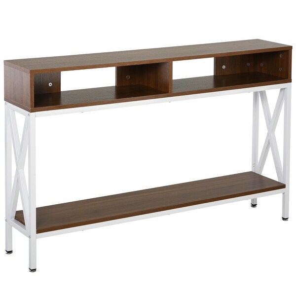 HOMCOM Industrial Style Entryway Console Table Desk with Shelf for Living Room, or Bedroom, Walnut Wood Grain