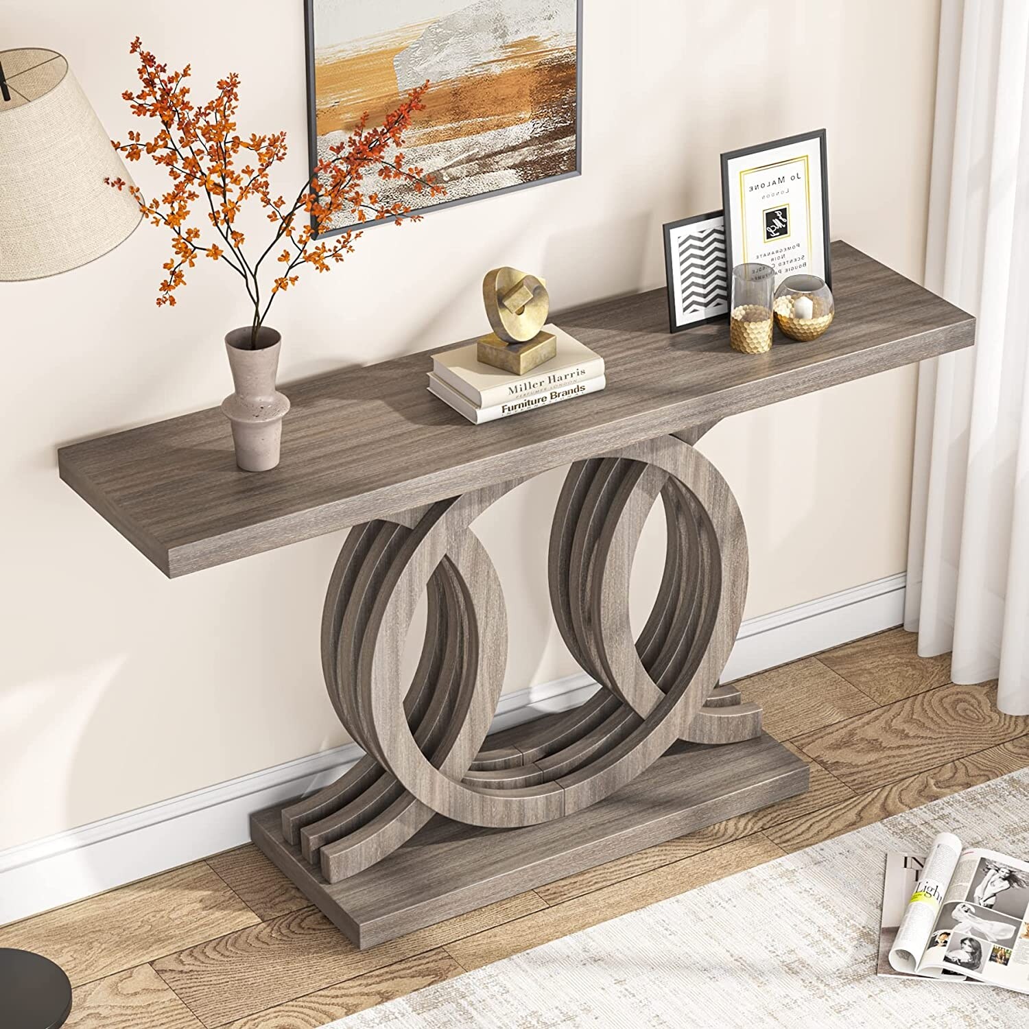 Console Table with Geometric Base, Farmhouse Hallway Table, Wooden