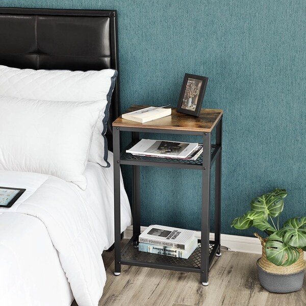 Industrial Side Table, End Telephone Table with 2-Tier Mesh Shelves, for Office Hallway, Wood Look Accent Furniture