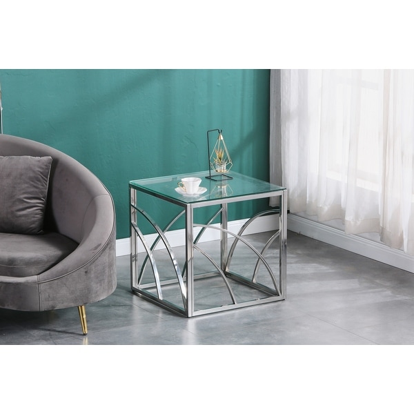 Stainless Steel Coffee Table with Glass Tabletop,Silver