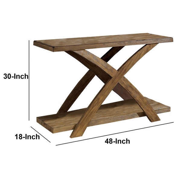 Wooden Sofa Table with Open Bottom Shelf and X-Shaped Base, Antique Light Oak Brown