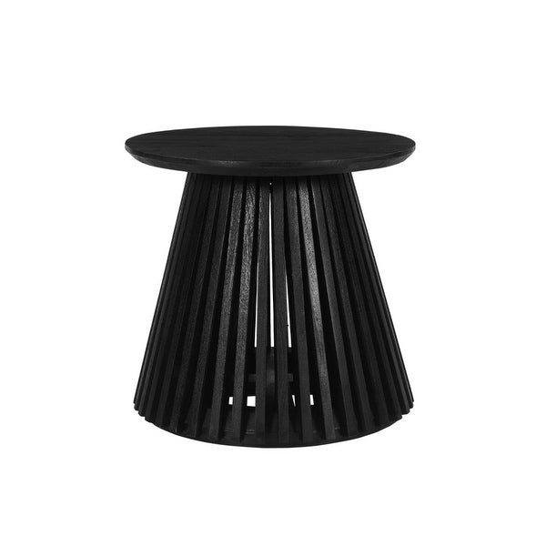 Ridge 20 Inch Handcrafted Mango Wood Round End Side Table, Slatted Flared Base, Black - 19 H x 20 W x 20 L Inches