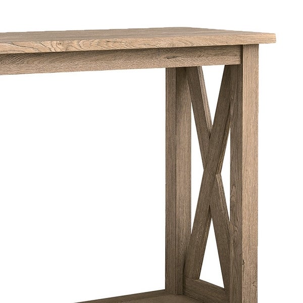 42 Inch Sofa Table, Crossbuck Side Accents, 1 Open Shelf, Rustic Brown