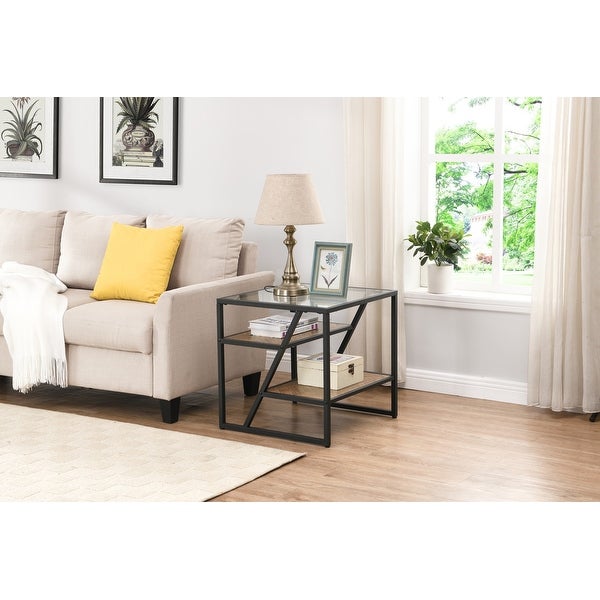 Side Table, End Table with Storage Shelf, Tempered Glass Coffee Table with Metal Frame
