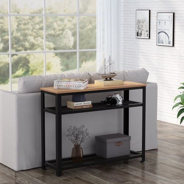 Console Table, Entryway Hallway Table with 2 Mesh Storage Shelves,Sofa Table Behind Couch